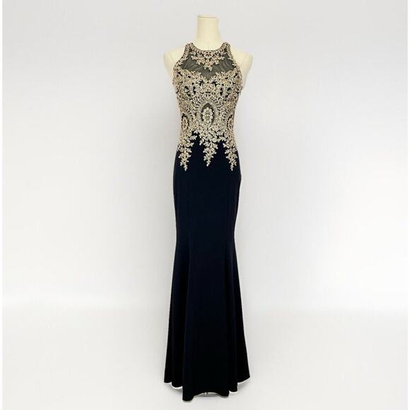 Xscape Gold-Embroidered Illusion Column Evening Dress XS/S 2/4 Black XS9255 $320